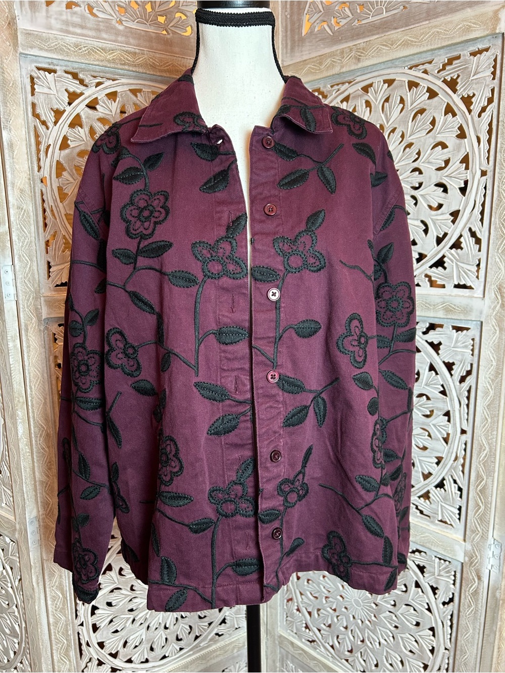 Bechamel Plum Jean Jacket with Black Floral Embroidery